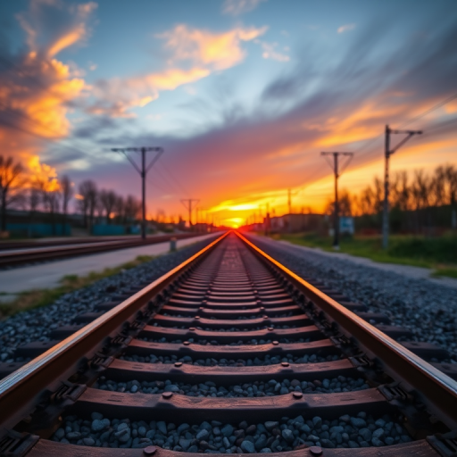 a long view of railway tracks leading into the distance at sunset, sharp focus and vibrant colors, f/8 aperture, ISO 100, 1/125 sec exposure, DSLR camera, landscape orientation, use a shallow depth of field