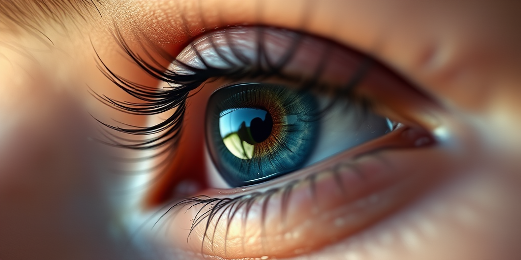 Create a high-resolution digital illustration of a close-up eye, featuring intricate details of the iris and eyelashes, soft lighting for a dramatic effect, using a DSLR camera with a 50mm lens at f/1.8, ISO 100, and a shallow depth of field to blur the background.