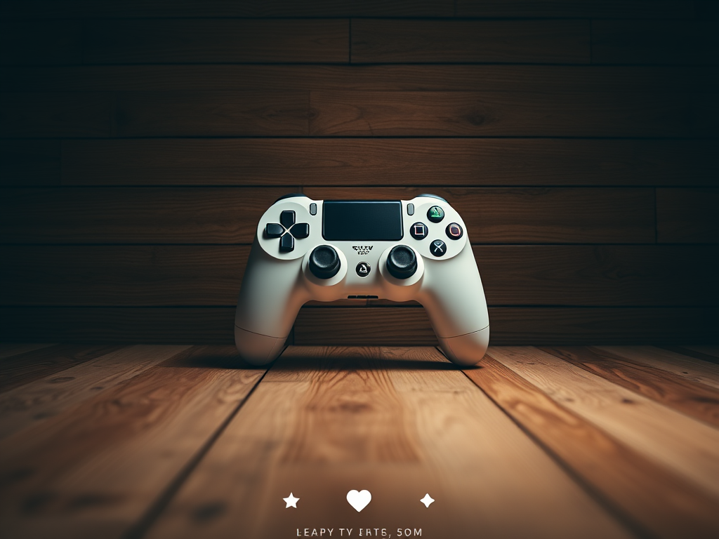 Create an image of a dimly lit room with wooden planks as the background, a white game controller prominently displayed in the center, with decorative elements like icons for heart, star, and diamond at the bottom corners, using a DSLR camera, aperture f/2.8, ISO 400, 50mm lens, and a slight vignette effect for depth.