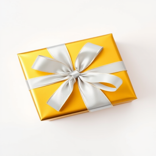 Create a high-resolution image of a gold gift box with a silver ribbon on a white background, using a DSLR camera set to f/2.8, 1/125 sec, ISO 100, shot from a top-down view in a soft light style to enhance details and reflections.