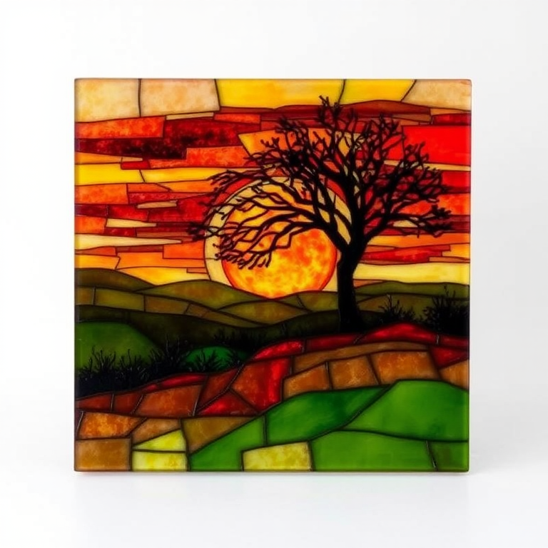 A vibrant abstract painting on Tiffany Glass, blending acrylic and alcohol ink techniques, captures a dramatic sunset over rolling hills. The artwork features a textured, rocky foreground in green and brown, layered abstract hills, and a striking sunset in rich oranges, yellows, and reds. A solitary black tree with intricate branches contrasts against the fiery sky, creating a dynamic and expressive portrayal of a breathtaking natural scene.