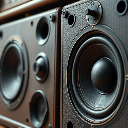 High-resolution image of vintage speakers, focusing on texture and details, shot with a Canon EOS 5D Mark IV, 50mm f/1.8 lens, Aperture f/4, ISO 100, shot in natural light from a straight-on angle to emphasize depth and contrast.