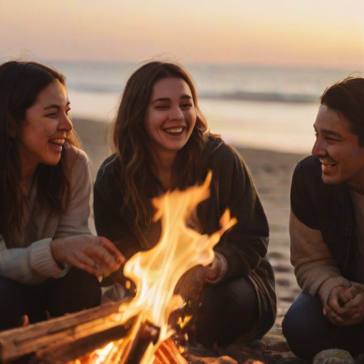 Blurry candid shot of a group of friends gathered around a bonfire on the beach, laughter and conversation filling the air, with soft golden light from the flames illuminating their faces.