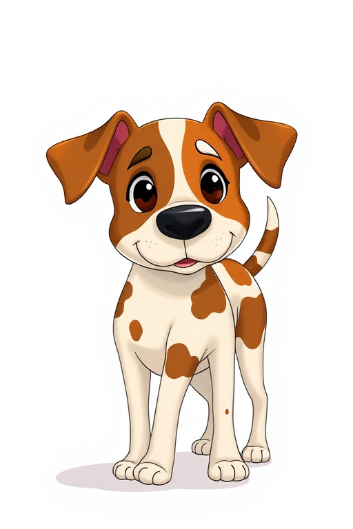 Cartoon-style drawing of a standing dog with brown and white spots, taken with a DSLR camera, 50mm lens, f/2.8 aperture, ISO 100, natural lighting, viewed at eye level.