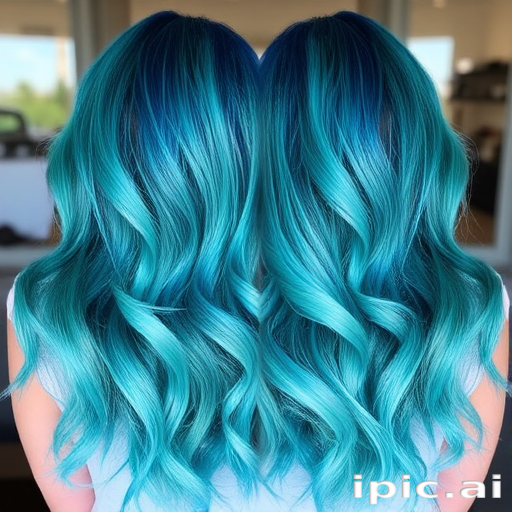 Mermaid's Treasure Tresses feature a captivating ombre effect transitioning from deep teal at the roots to shimmering turquoise at the ends, styled in loose beachy waves
