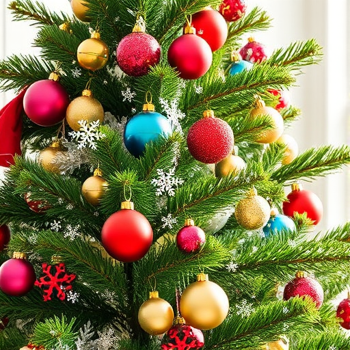 Create an image of a beautifully decorated Christmas tree filled with colorful ornaments in shades of red, green, blue, and gold. Add white snowflakes scattered throughout the branches, capturing a festive and cheerful holiday spirit. The background should be bright and sunny to contrast with the vibrant decorations.