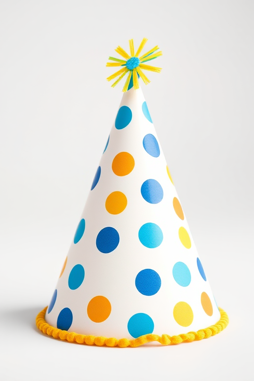 A colorful party hat with a playful design featuring blue and yellow polka dots on a white background, captured with a 50mm lens at f/2.8, ISO 100, in a bright studio setting with soft lighting.