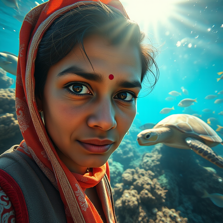 Realistic selfie image of a Nepali, wearing a vintage outfit, detailed dreamy eyes, droopy hooded eyes, staring at the camera, taken underwater at coral reef with a sunbeam filtering through the water, vibrant, summer vacation, natural lighting, turtle and school of tropical fish with vibrant colors, rendered in the style of CryEngine, Pegi Nicol MacLeod, with realistic genre scenes, hauntingly beautiful narratives, ultra-realism, and Thomas Saliot's close-up technique, 8K resolution, crystal clear and sparkling water.
