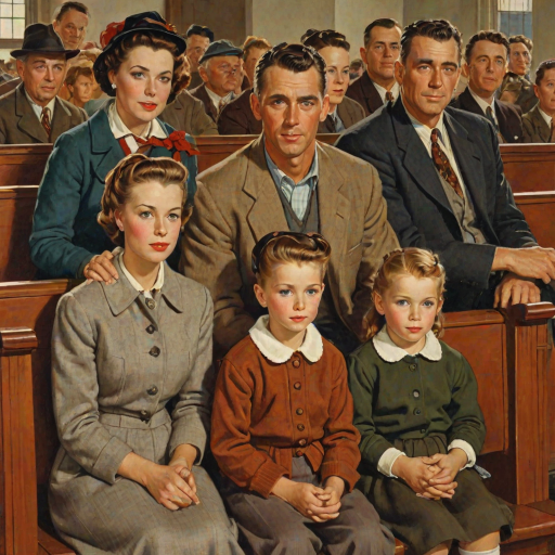 In the style of Norman Rockwell, a 1953 young family, looking pleasantly content is sitting in church, wearing cold weather clothing in autumn colors
