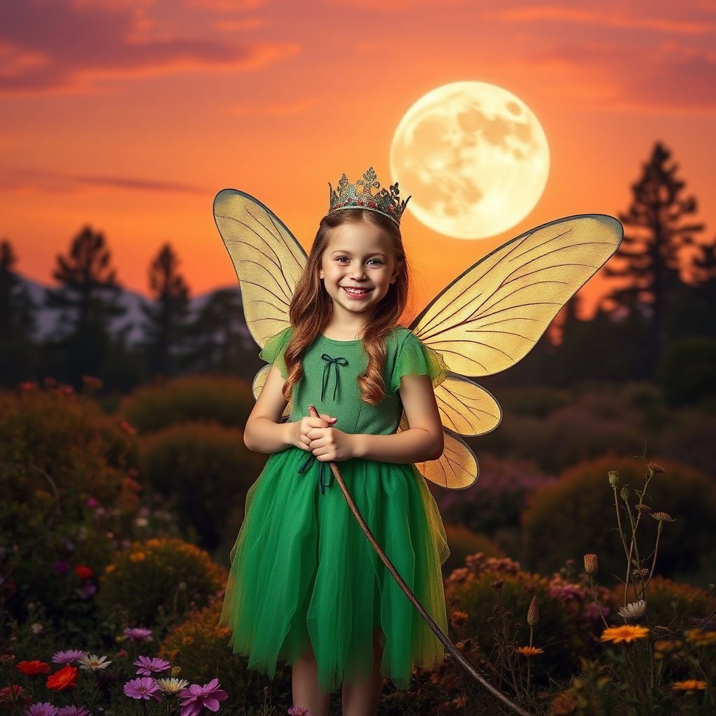 A vivid photo  taken under a bright camera flash of a fantastical scene set against a backdrop of a forest during sunset. The main subject is a girl dressed as a fairy, adorned with translucent wings and a green dress, holding a wand, her face is happy, and she wears a crown on her head. The forest behind her is a blend of flowers, shrubs and trees. The sky is painted in hues of orange and pink, with a large, glowing moon casting a warm glow over the scene. The overall color palette is dominated by earthy tones.