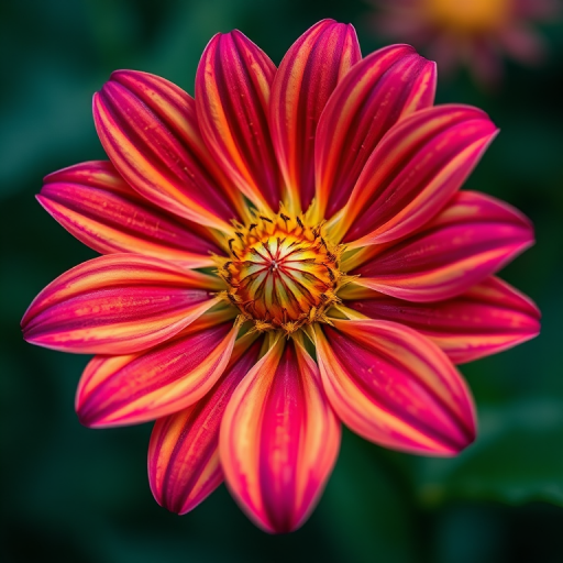 Create an illustration of a stylized flower with vibrant colors and intricate details, shot with a Canon EOS 5D Mark IV, 50mm f/1.8 lens, aperture set to f/2.8, ISO 100, in a macro view to emphasize texture and depth.