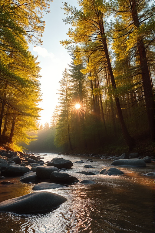 Create an image of a serene, sunlit forest scene with a clear, gently flowing river. Tall trees with lush green foliage line both sides of the river, their leaves bathed in the warm golden light of the setting or rising sun. The sunlight filters through the trees, casting soft, dappled light on the river, which flows over smooth rocks and pebbles, creating a peaceful, natural atmosphere. The sky is bright with a few scattered clouds, and the overall mood is tranquil, evoking a deep sense of connection with nature. The image captures the beauty of a calm, pristine forest landscape at either dawn or dusk.