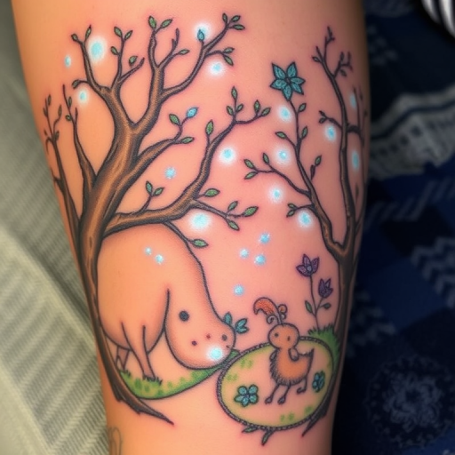 Enchanting "Fairy Tale Forest" tattoo transports viewers into a magical woodland scene. Soft, muted greens and browns create a lush backdrop, while pops of bioluminescent blues and purples add an otherworldly glow. Delicate linework brings to life whimsical creatures and ethereal flora, creating a storybook-worthy piece full of wonder and imagination.
