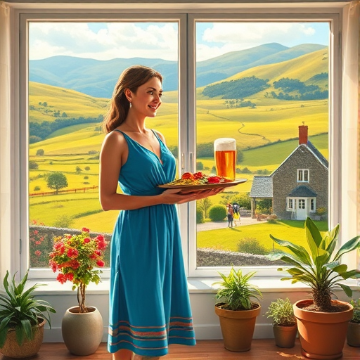 In "A Glass of Beer on the Highland," a serene scene is depicted in a sunlit room where a woman in a vibrant blue dress stands by a large window. She holds a tray with a hearty meal and a frothy glass of beer, embodying a moment of relaxation. Outside, the breathtaking highland landscape features rolling green hills and a charming traditional house, all bathed in warm afternoon light. The interior is adorned with potted plants, creating a harmonious blend of comfort and nature. The painting beautifully captures the tranquility and joy found in simple pleasures amidst stunning scenery