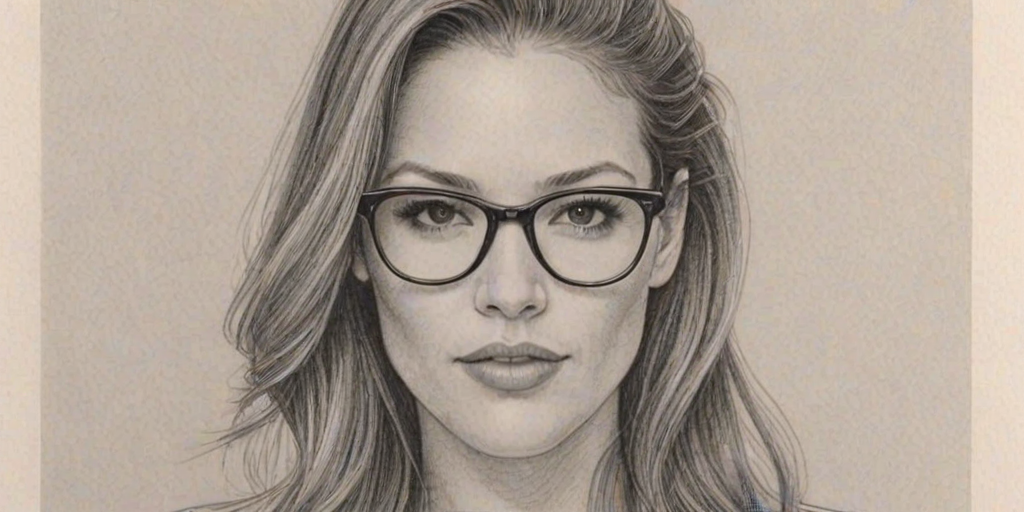 Exquisite Amanda Righetti, pencil sketch, portrait of Lovely woman 1980s in glasses, hair style beatnik, outline, clear lines, fine lines, 8k