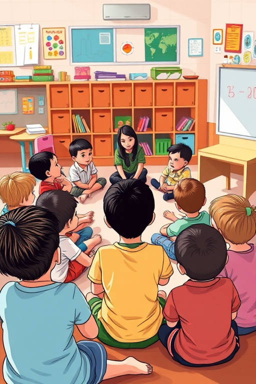 Create an illustration of a diverse group of children sitting in a semi-circle, attentively listening to a teacher in a vibrant classroom setting, using a Canon EOS R5, 50mm lens, f/2.8 aperture, 1/200s shutter speed, natural lighting for enhanced image quality.