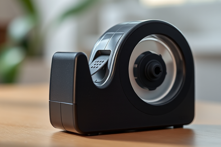 Create a high-resolution image of a black tape dispenser with a modern design, shot with a DSLR camera at f/2.8 aperture, ISO 100, in a close-up view with soft natural lighting to emphasize its sleek form and texture.