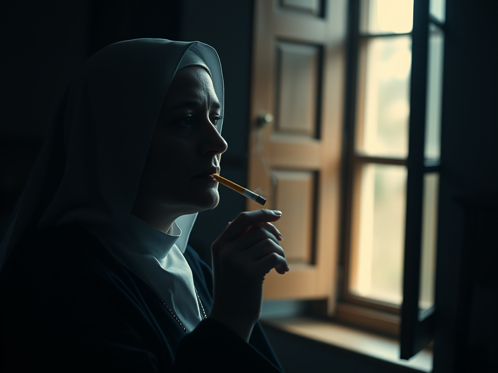 Create an image of a contemplative nun with a cigarette in a dimly lit room, captured with a DSLR camera at f/2.8, ISO 200, 50mm lens, natural light coming from a window, cinematic style.