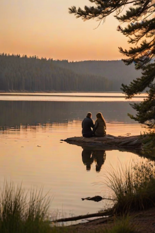 Warm, intimate image of a couple sharing a quiet moment by a lake at sunset, soft golden light reflecting off the water, distant birds flying overhead, and the smell of fresh pine and earth in the air.