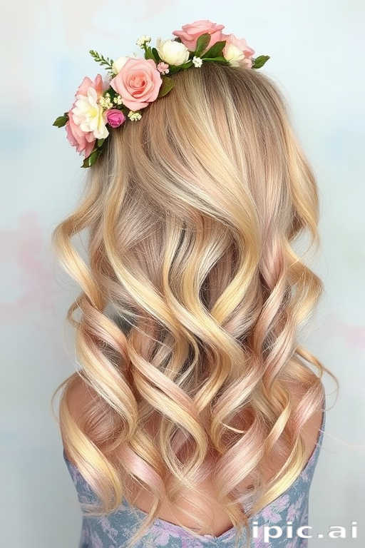 Romantic watercolor balayage blending soft pastels reminiscent of Monet's paintings, styled in loose romantic curls with floral hair accessories