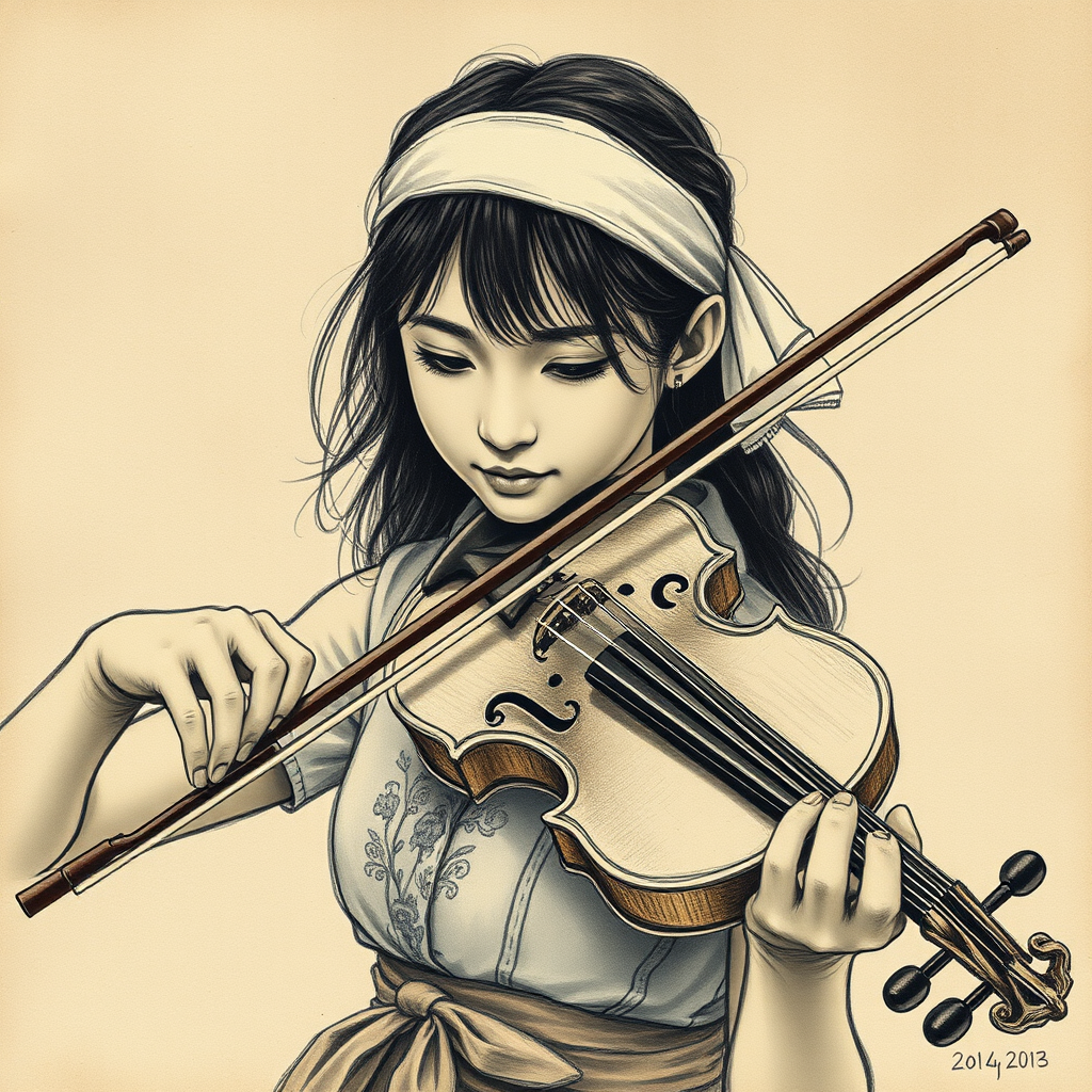 a young Ryukyuan woman with a white headband playing a violin, in the style of a charcoal drawing, sepia grunge background