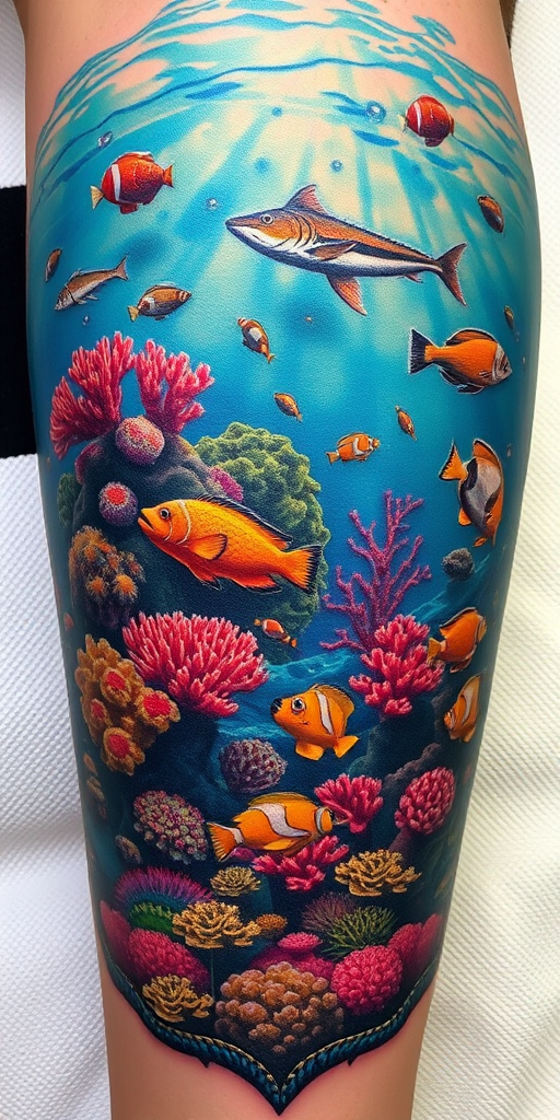 Realistic underwater scene tattoo showcasing a diverse coral reef ecosystem with vibrant marine life, utilizing color gradients and light refraction effects for an immersive aquatic experience