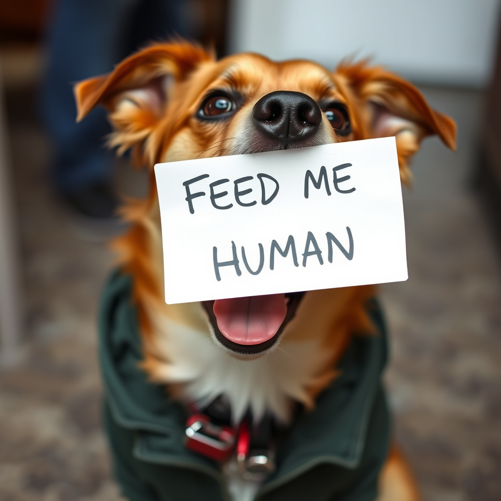 dog holding a note which says "FEED ME HUMAN"