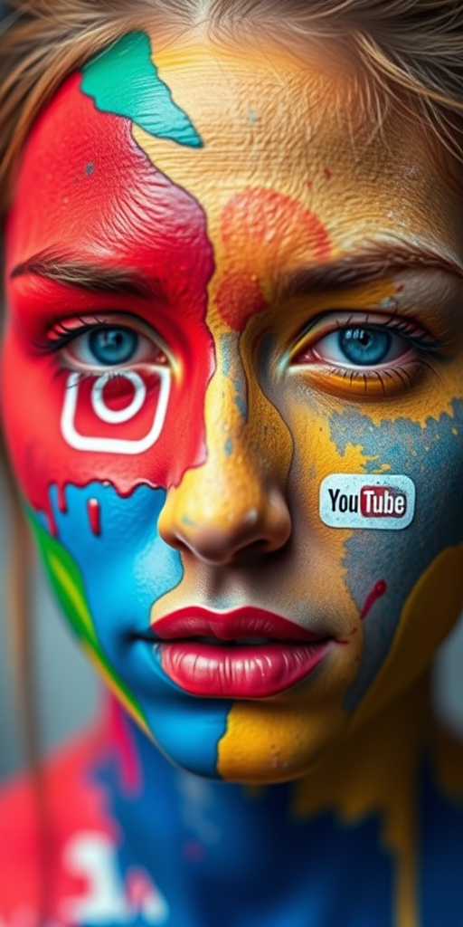 Create a vibrant digital collage featuring a colorful abstract face partially covered with paint, integrating social media icons like Instagram and YouTube, shot with a DSLR camera at f/2.8, ISO 100, a 50mm lens, in portrait orientation, with a shallow depth of field to emphasize the details of the face and the vivid colors.