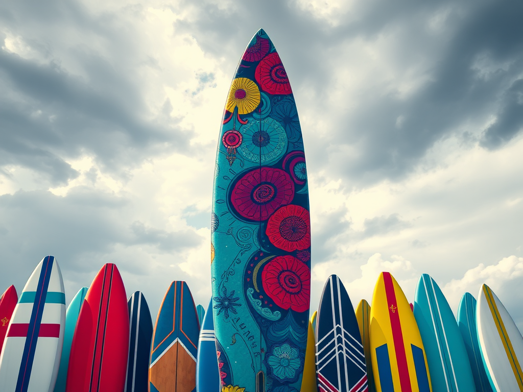 Create a vibrant illustration of a surfboard with colorful patterns, surrounded by other surfboards, set against a cloudy sky, using a Canon EOS R5 with a 24-70mm f/2.8 lens, 1/200s shutter speed, ISO 100, and an aperture of f/5.6, with a focus on sharp details and enhanced colors.