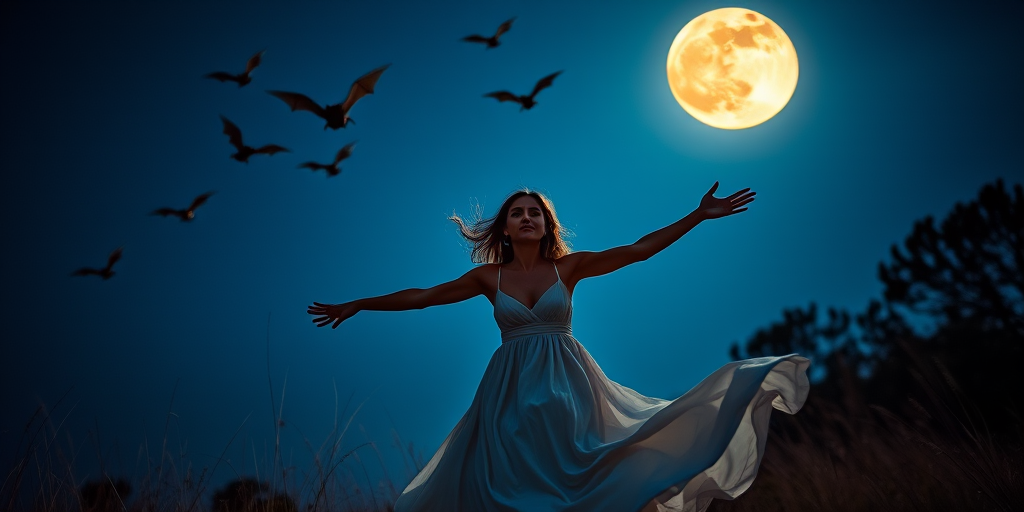 a woman with arms outstretched wearing a flowing dress standing under a full moon with bats flying in the night sky, using a DSLR camera at f/1.8, ISO 200, 50mm lens, low angle view, dusk lighting, and high dynamic range editing for enhanced colors and details