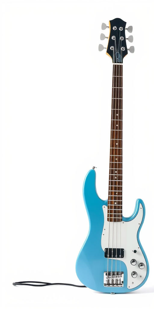 Create a high-quality illustration of a blue electric bass guitar positioned upright with a plain white background, using a DSLR camera with a 50mm lens, aperture f/2.8, ISO 100, and a shallow depth of field for a crisp, detailed focus on the guitar.