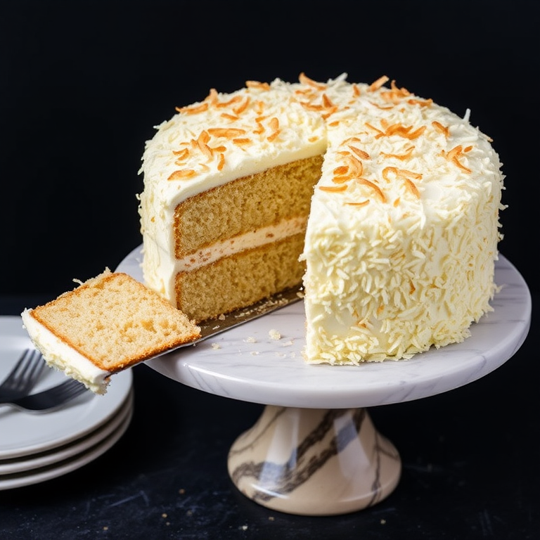 A beautifully decorated coconut cake on a marble cake stand with a slice cut out revealing the layers inside the cake topped with toasted coconut flakes set against a dark background with a fork and plate beside it.