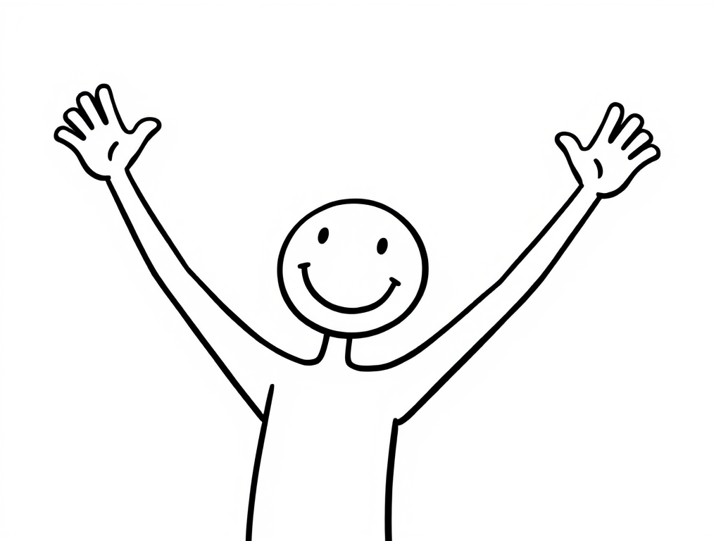 Create a high-resolution digital illustration of a joyful stick figure with arms raised in celebration against a white background, using a Canon EOS 5D Mark IV camera, ISO 100, f/8 aperture, 50mm lens, with a soft focus and high contrast for clarity.