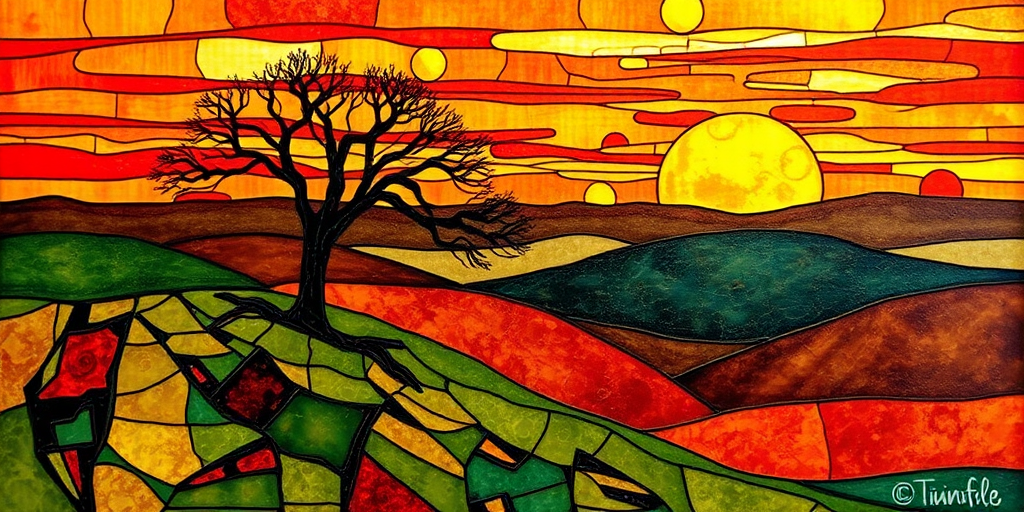 A vibrant abstract painting on Tiffany Glass, blending acrylic and alcohol ink techniques, captures a dramatic sunset over rolling hills. The artwork features a textured, rocky foreground in green and brown, layered abstract hills, and a striking sunset in rich oranges, yellows, and reds. A solitary black tree with intricate branches contrasts against the fiery sky, creating a dynamic and expressive portrayal of a breathtaking natural scene.