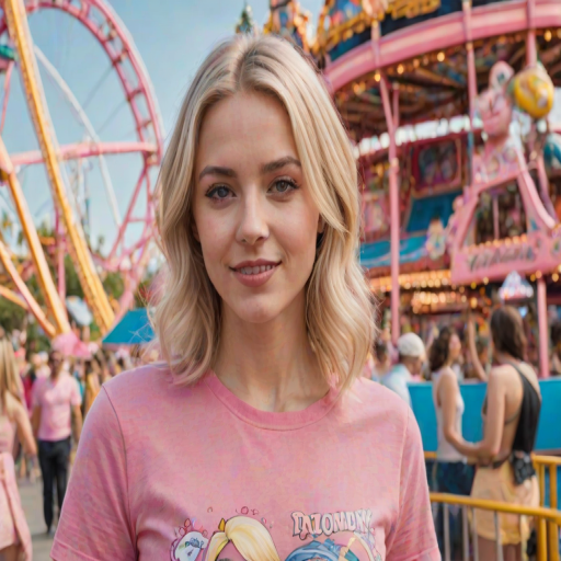 realistic image of a blonde woman, she is in an amusement park, she is wearing a pink shirt
