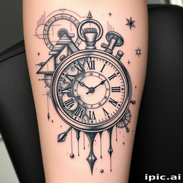 Surrealist fine line tattoo titled "Temporal Illusion" depicting a melting pocket watch intertwined with floating geometric shapes and abstract patterns creating a mind-bending visual experience with intricate details and delicate shading techniques using only black ink to achieve a wide range of tones and textures resembling a pencil drawing on skin