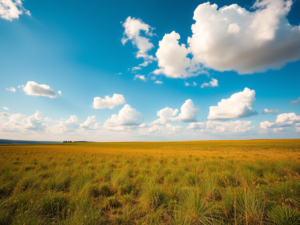 Regenerate an image of a serene landscape with a clear blue sky and fluffy white clouds, using a Canon EOS R6 camera, 24mm lens, f/8 aperture, ISO 100, and a focus on vibrant colors and rich details, using a wide-angle perspective to capture the expanse of the scene.