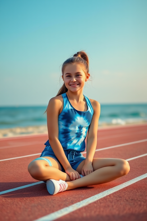 portrait of a young girl in a blue tie-dye workout outfit sitting on an athletic track by the beach with a calm sea in the background, natural lighting, focal length 35mm, aperture f/2.8, ISO 100, mirrorless camera, soft-focus background