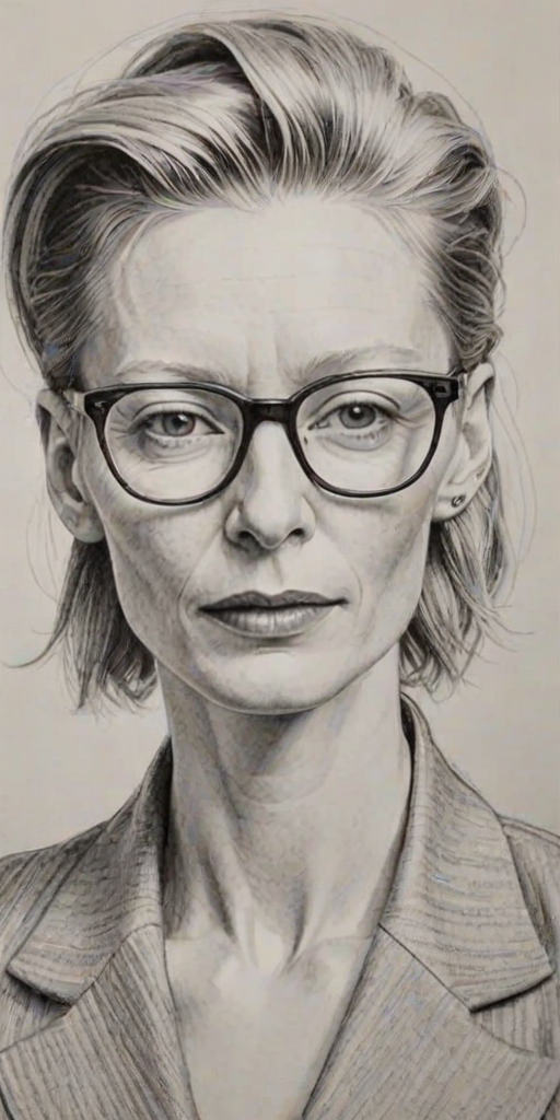Attractive Tilda Swinton, pencil sketch, portrait of Ravishing woman 1943s in glasses, hair style beatnik, outline, clear lines, fine lines, 8k