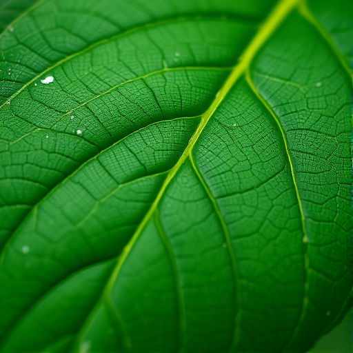 Create a detailed, high-resolution image of a green leaf with intricate vein patterns, shot with a DSLR camera, 50mm lens, f/2.8 aperture, ISO 100, natural lighting, shallow depth of field, and a close-up view for enhanced texture.