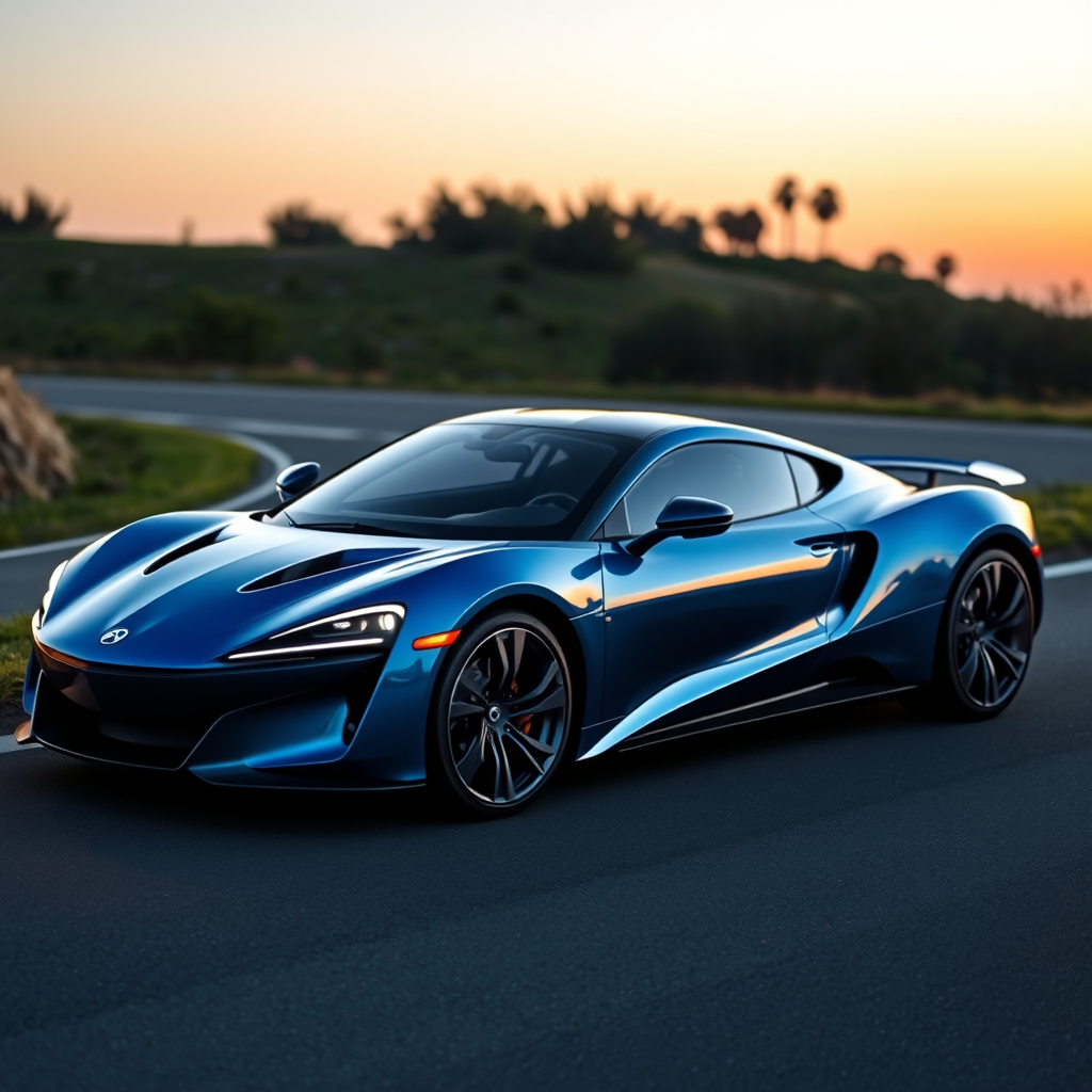 Generate an image of a luxury sports car parked on the side of a road during what appears to be dawn or dusk, given the soft light and shadows. The car should have a sleek design with aerodynamic features, a low-profile stance, and large, alloy wheels. It should display a contemporary color scheme, possibly a unique shade of blue that matches well with the ambient light in the setting. The vehicle's bodywork should gleam, reflecting the surrounding environment, and it should have distinctive lighting accents that enhance its sporty appearance. In the background, there should be a roadside with a grassy embankment on one side and possibly some trees or shrubbery along the edge of the pavement. The overall mood of the image should convey a sense of luxury, speed, and the tranquility of an early morning or late evening drive.