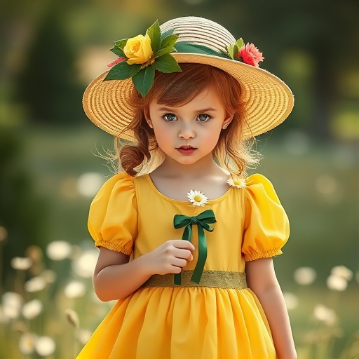 Generate a vintage illustration of a girl in a yellow dress with a green bow and daisies, holding a wide-brimmed hat adorned with flowers, captured with a Canon EOS 5D Mark IV, 85mm lens, f/1.8 aperture, ISO 200, in natural light for a soft focus effect.