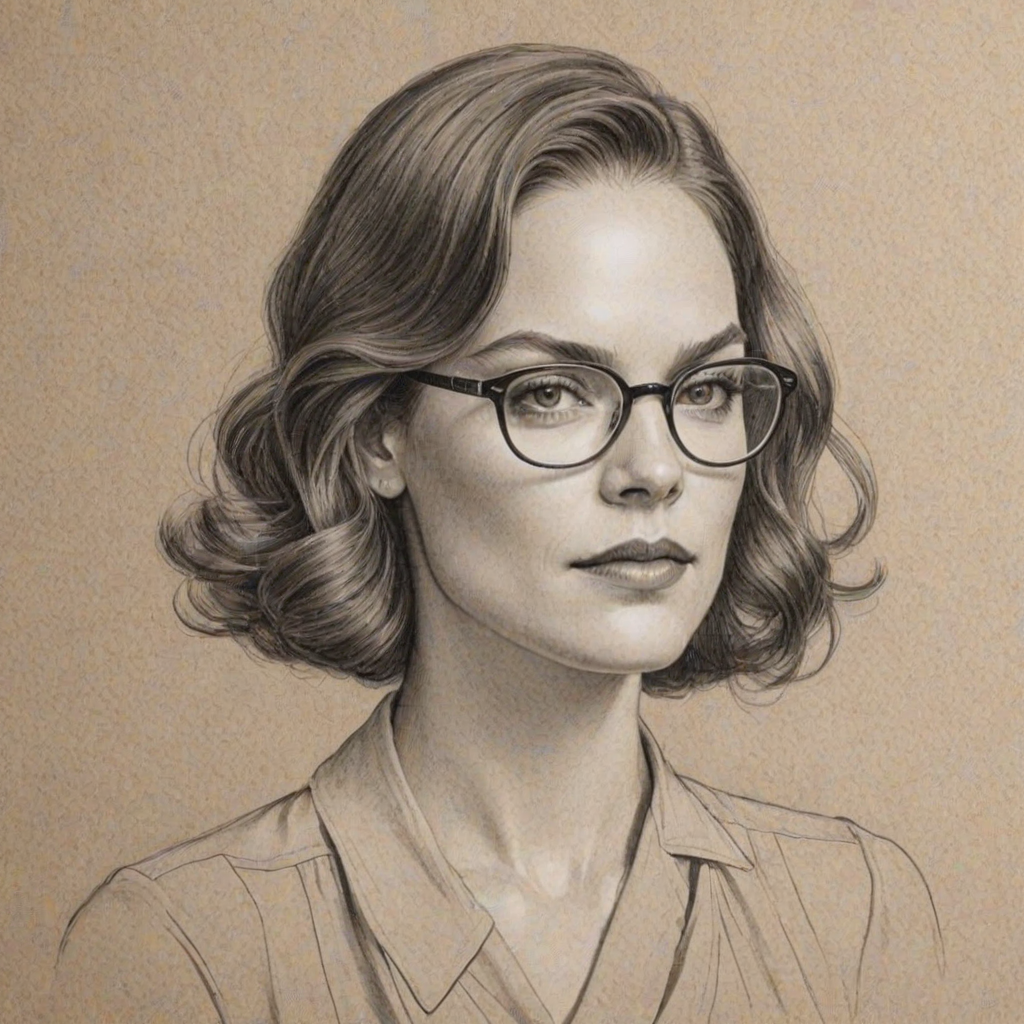 Elegant Ruth Wilson, pencil sketch, portrait of Pleasing woman 1930s in glasses, hair style beatnik, outline, clear lines, fine lines, 8k