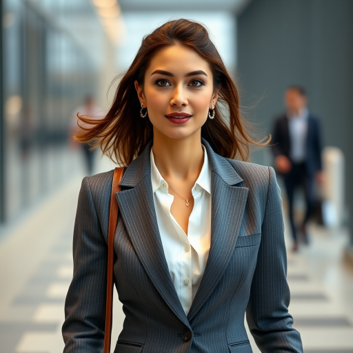 Create a high-resolution image of a confident woman walking in a tailored business suit, using a full-body shot with a shallow depth of field, 50mm lens, f/1.8 aperture, soft diffused lighting to enhance facial features and outfit details.