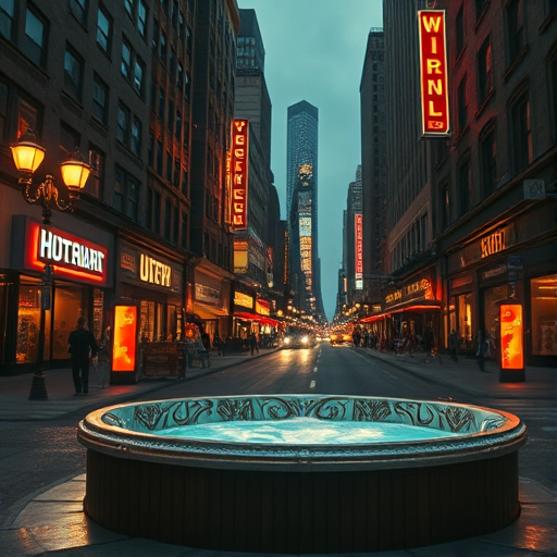 Cinematic still, The hot tub, a magnificent work of art, sits in the middle of a bustling city street. Its intricate design is illuminated by the warm glow of streetlamps and neon signs. aidmasoftglow
