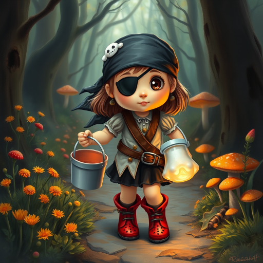 ultra detailed, photo realistic, painterly, of a little girl pirate, patch over one eye, black bandana over hair, walking and carrying an white ghost bucket and a lantern in the other hand, with bright red croc shoes, background path in the enchanted forest, wildflowers, colorful mushrooms misty hues of black and orange with bright gold glitter, ultra detailed