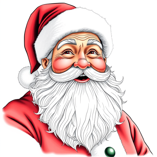 Create a detailed illustration of Santa Claus with a joyful expression, wearing a classic red suit and hat, with intricate lines showing his beard and facial features, shot with a DSLR camera at f/2.8 aperture, ISO 100, 100mm lens, natural lighting, portrait orientation.
