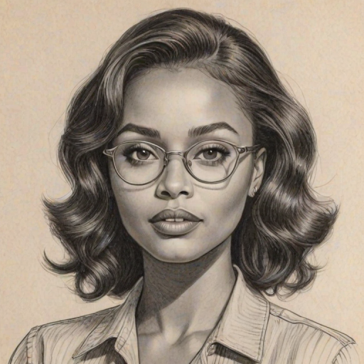 Enchanting Katerina Graham, pencil sketch, portrait of Resplendent woman 1946s in glasses, hair style beatnik, outline, clear lines, fine lines, 8k