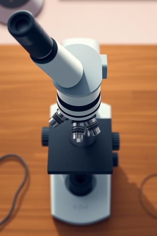 high-quality vector illustration of a microscope from a top-down view, 16:9 aspect ratio, sharp focus, soft lighting, designed for digital display, using Adobe Illustrator settings for crisp lines and smooth gradients, camera type: digital drawing tablet