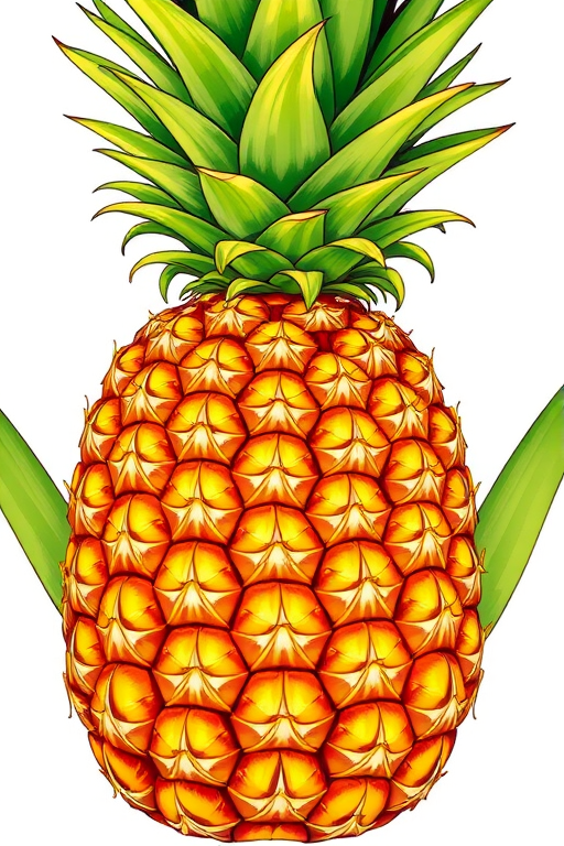 Create a vibrant illustration of a pineapple with detailed green leaves and a textured yellow and brown hexagonal pattern on the body, using a DSLR camera with a 50mm lens, f/1.8 aperture, ISO 100, and natural lighting for a crisp, high-quality image.